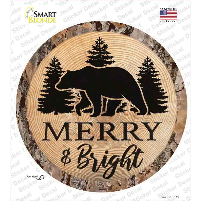 C-1383s-M Merry & Bright Bear Novelty Circle Sticker Decal - Medium