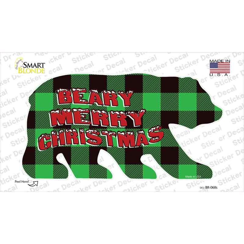 BR-068s-M Beary Merry Christmas Green Novelty Bear Sticker Decal - Medium