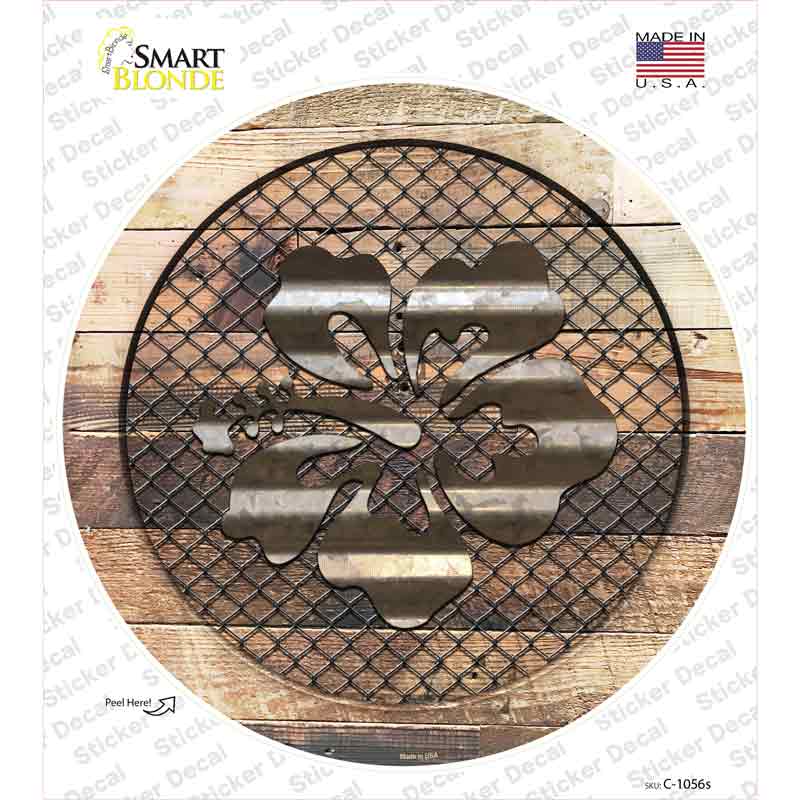 C-1056s-M Hawaiian Flowers on Wood Novelty Circle Sticker Decal - Medium