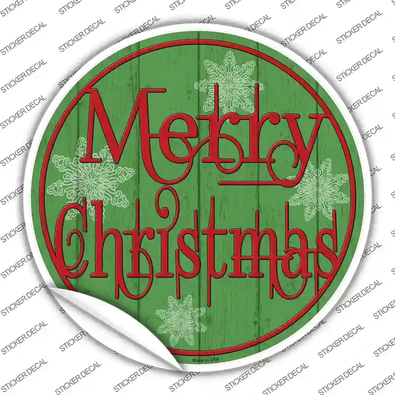 C-1361s-L Merry Christmas Green Wood Novelty Circle Sticker Decal - Large