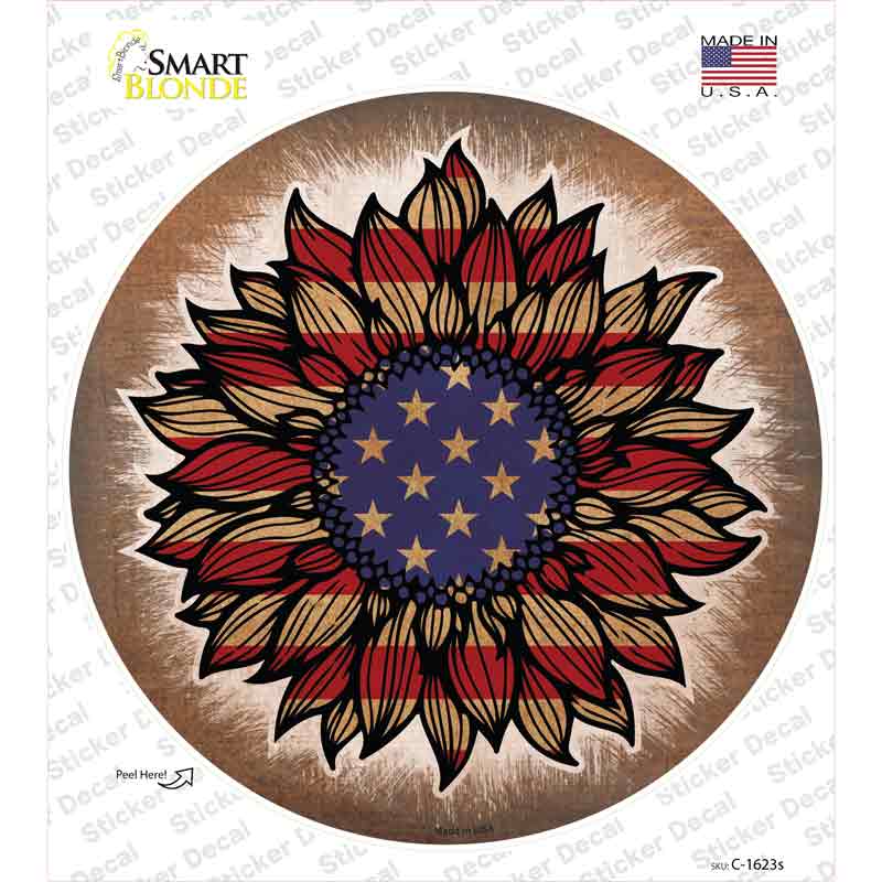 C-1623s-M USA Flag Sunflower Novelty Circle Sticker Decal - Medium