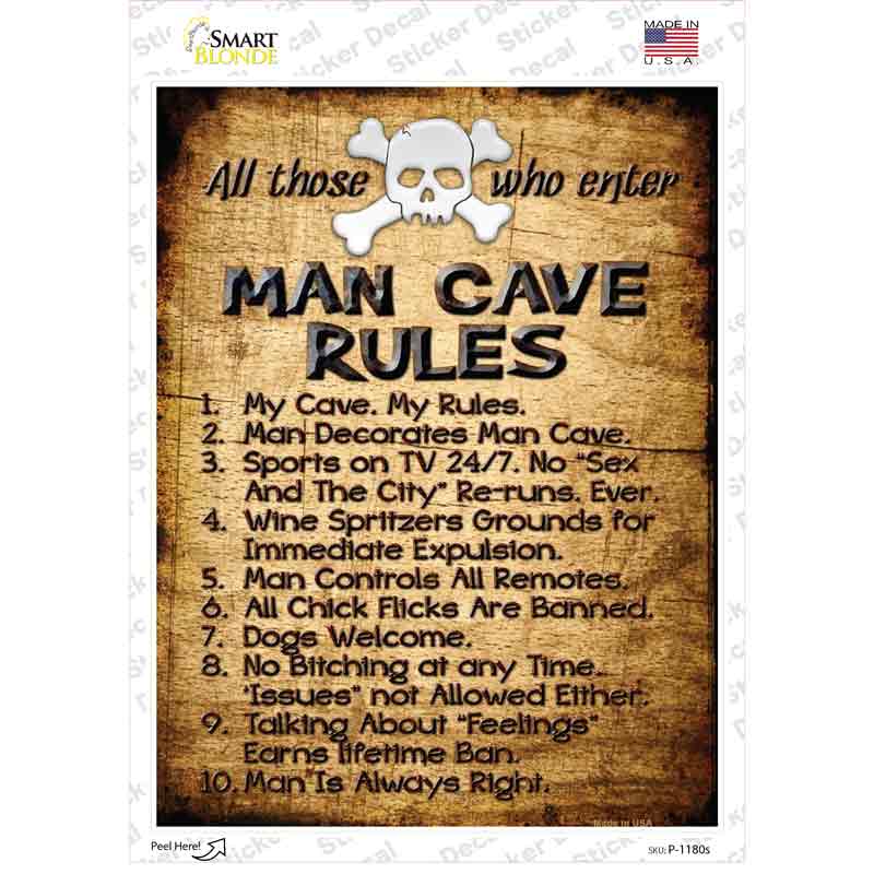 P-1180s-M Man Cave Rules Novelty Rectangle Sticker Decal - Medium