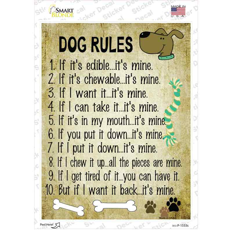 P-1533s-M Dog Rules Novelty Rectangle Sticker Decal - Medium