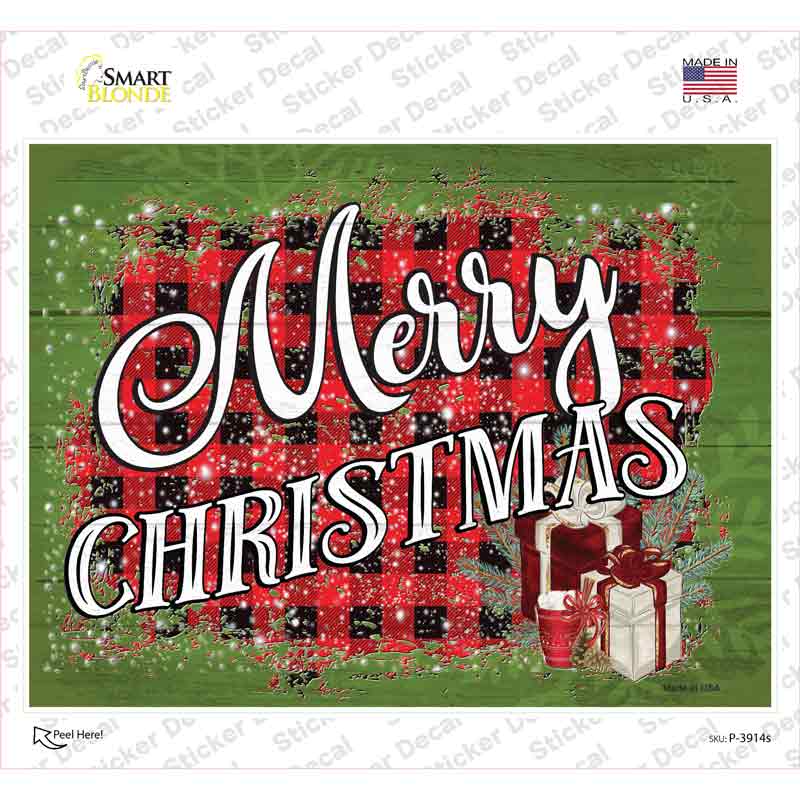 P-3914s-M Merry Christmas Plaid Novelty Rectangle Sticker Decal - Medium