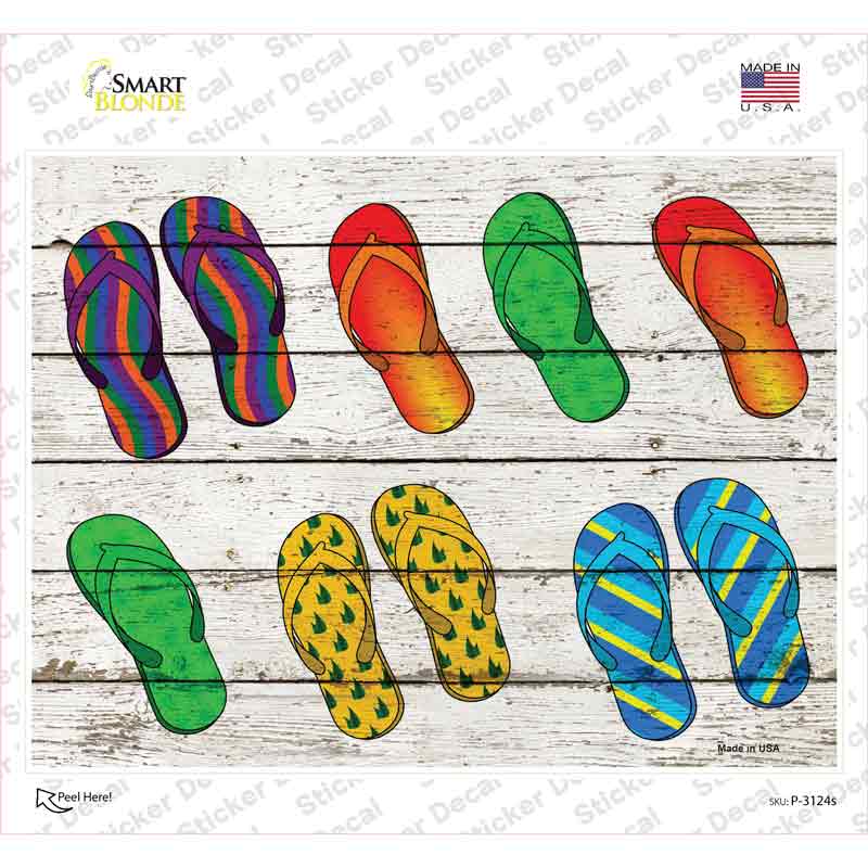 P-3124s-M Flip Flops on Wood Novelty Rectangle Sticker Decal - Medium