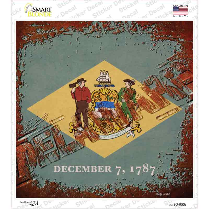 SQ-950s-M Delaware Rusty Stamped Novelty Square Sticker Decal - Medium