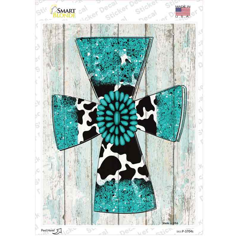 P-3704s-M Turquoise Cross Novelty Rectangle Sticker Decal - Medium