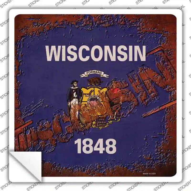 SQ-991s-XL Wisconsin Rusty Stamped Novelty Square Sticker Decal - Extra Large