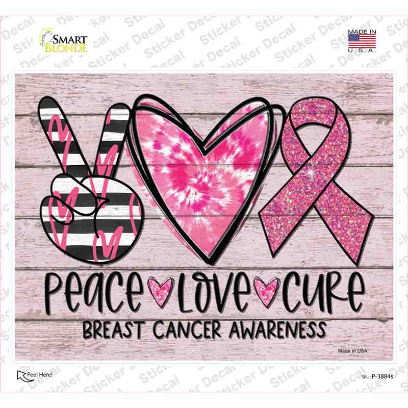 P-3884s-M Peace Love Cure Breast Cancer Novelty Rectangle Sticker Decal - Medium