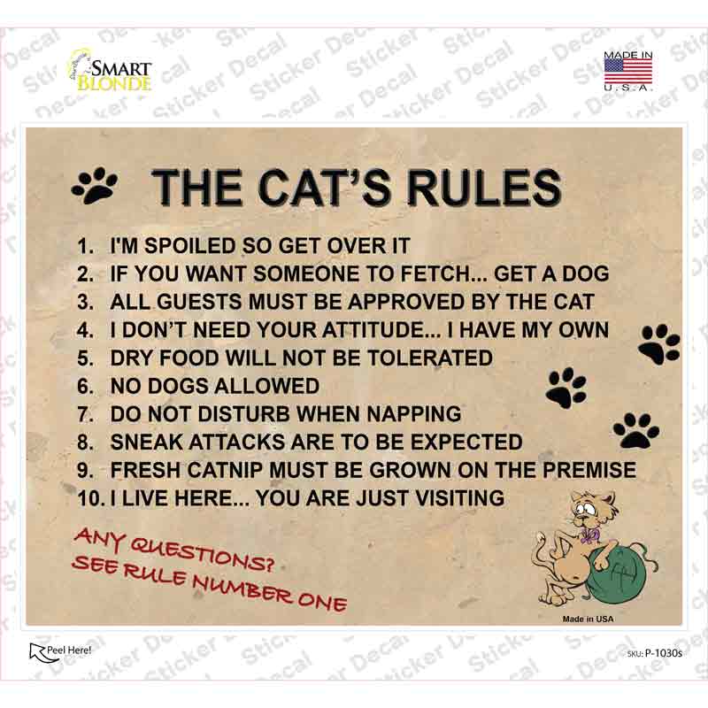 P-1030s-M The Cats Rules Novelty Rectangle Sticker Decal - Medium