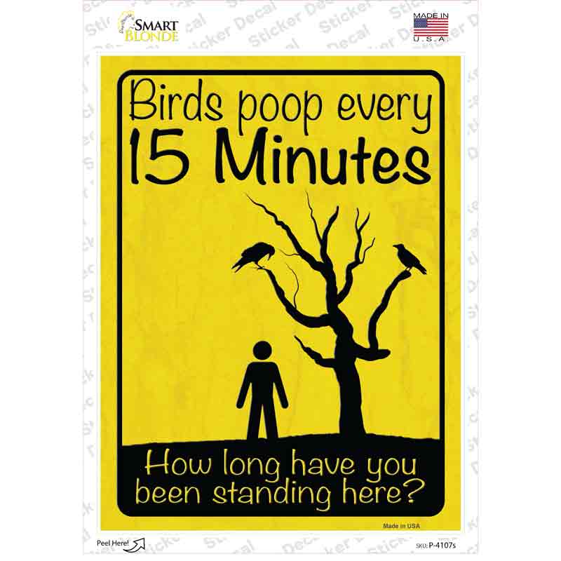 P-4107s-M Birds Poop Every 15 Minutes Novelty Rectangle Sticker Decal - Medium