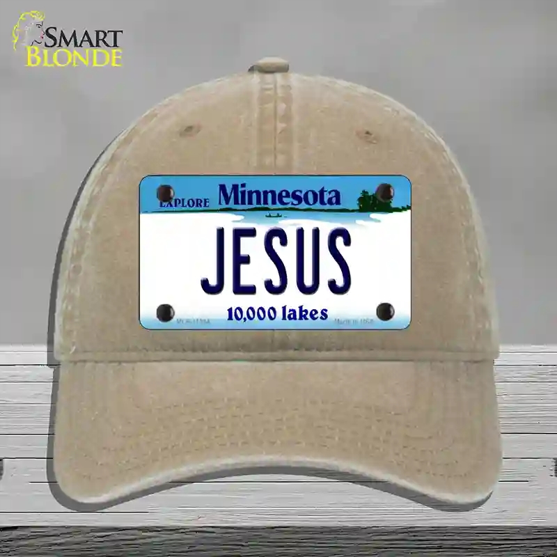 HAT09-MLP-11064 4 x 2.2 in. Jesus Minnesota State Novelty License Plate Hat, Khaki - Unconstructed Cotton