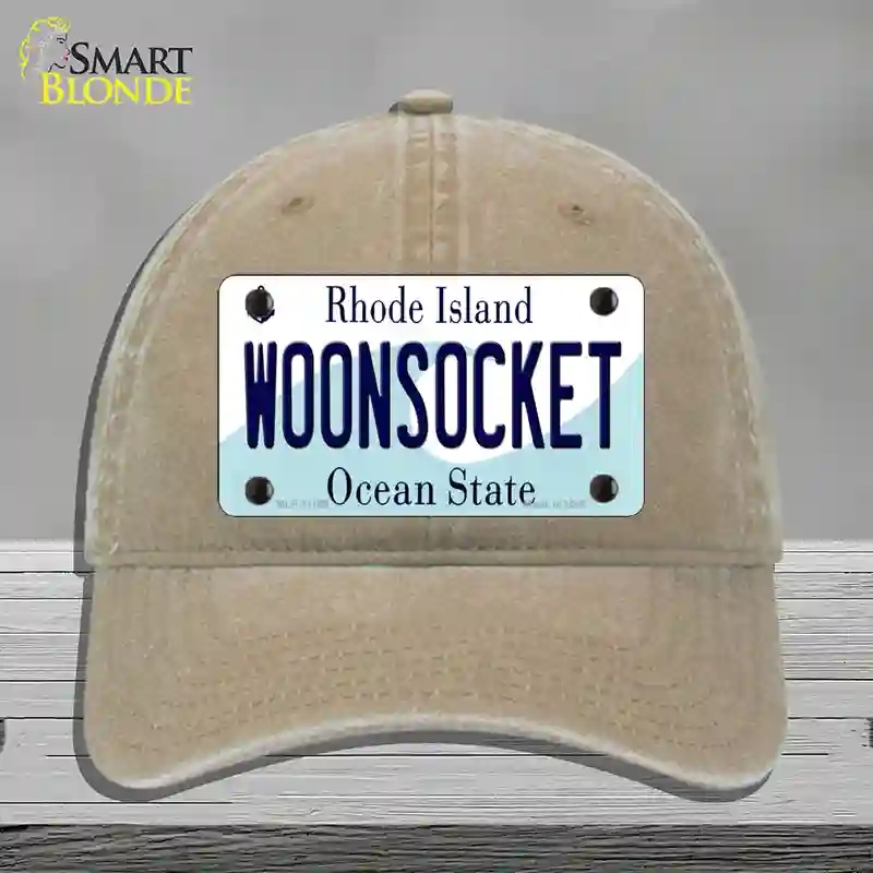 HAT09-MLP-11186 4 x 2.2 in. Woonsocket Rhode Island State Novelty License Plate Hat, Khaki - Unconstructed Cotton