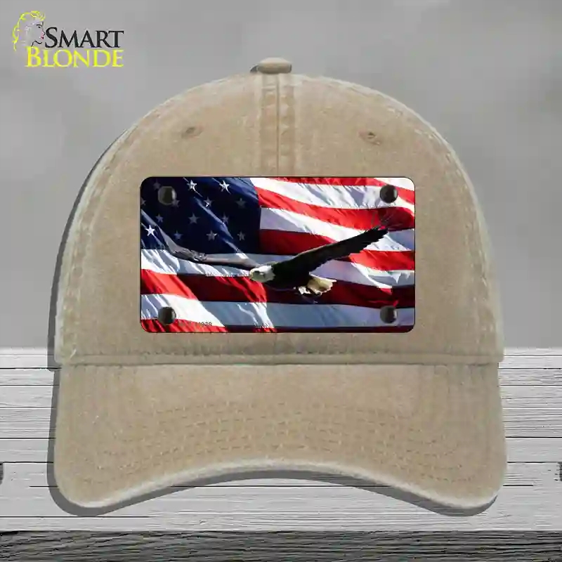 HAT09-MLP-11939 4 x 2.2 in. Soaring Eagle Flag Novelty License Plate Hat, Khaki - Unconstructed Cotton