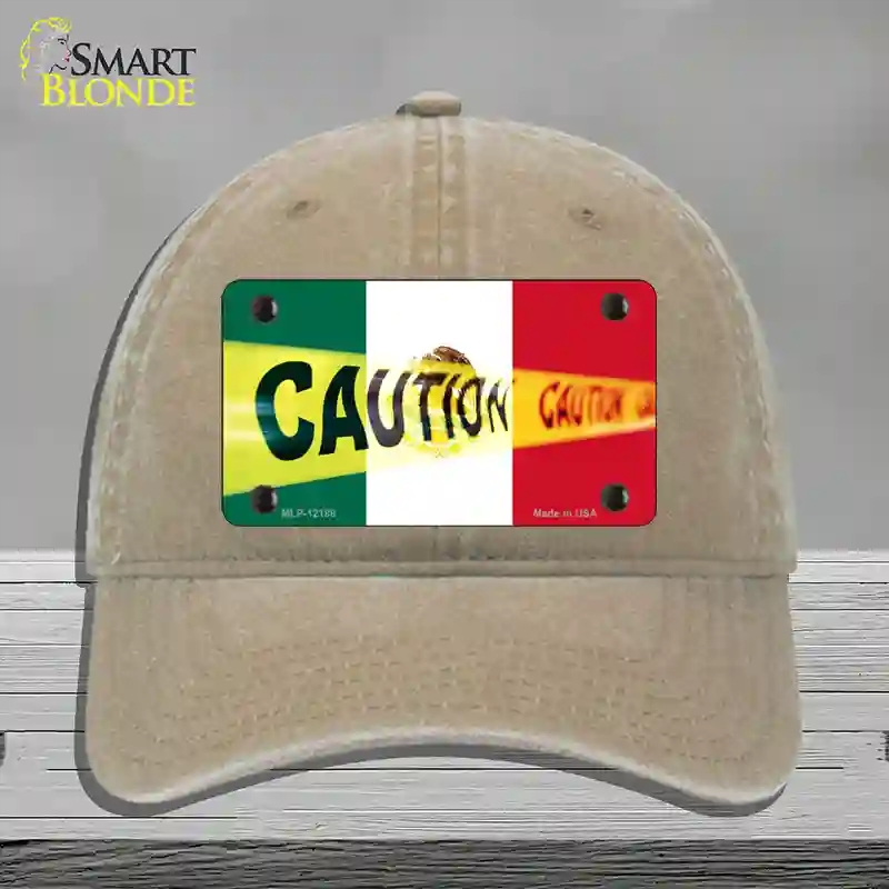HAT09-MLP-12188 4 x 2.2 in. Caution Mexico Flag Novelty License Plate Hat, Khaki - Unconstructed Cotton