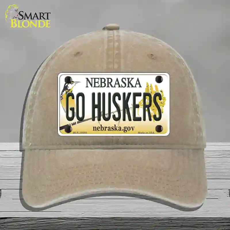 HAT09-MLP-10580 4 x 2.2 in. Go Huskers Nebraska Novelty License Plate Hat, Khaki - Unconstructed Cotton