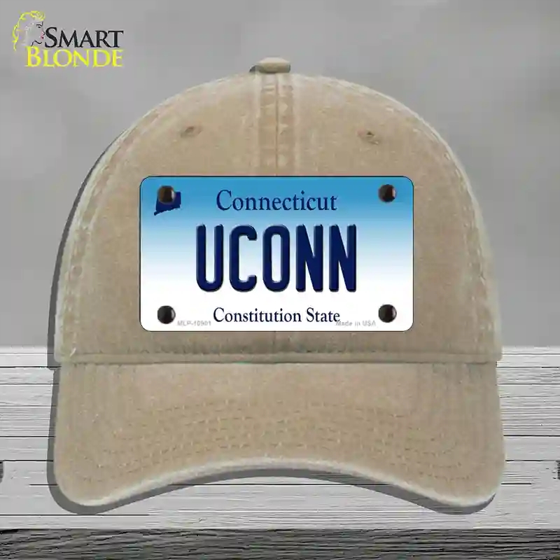HAT09-MLP-10901 4 x 2.2 in. UConn Connecticut Novelty License Plate Hat, Khaki - Unconstructed Cotton