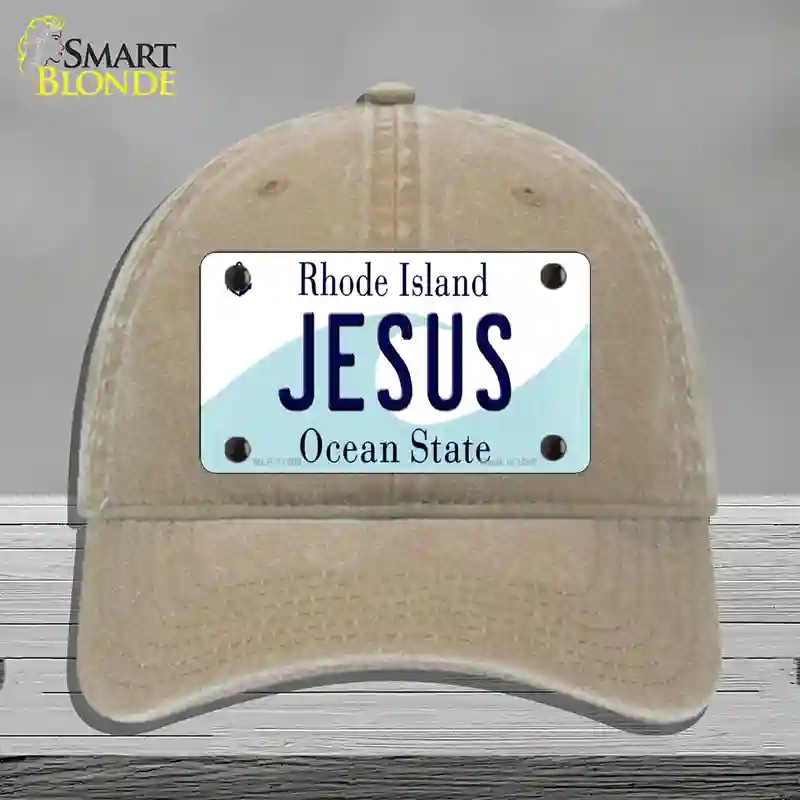 HAT09-MLP-11205 4 x 2.2 in. Jesus Rhode Island State Novelty License Plate Hat, Khaki - Unconstructed Cotton