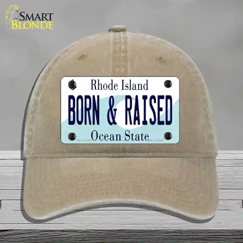 HAT09-MLP-11217 4 x 2.2 in. Born & Raised Rhode Island State Novelty License Plate Hat, Khaki - Unconstructed Cotton