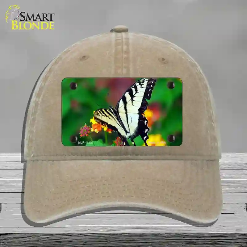 HAT09-MLP-11236 4 x 2.2 in. Butterfly Black & White Novelty License Plate Hat, Khaki - Unconstructed Cotton