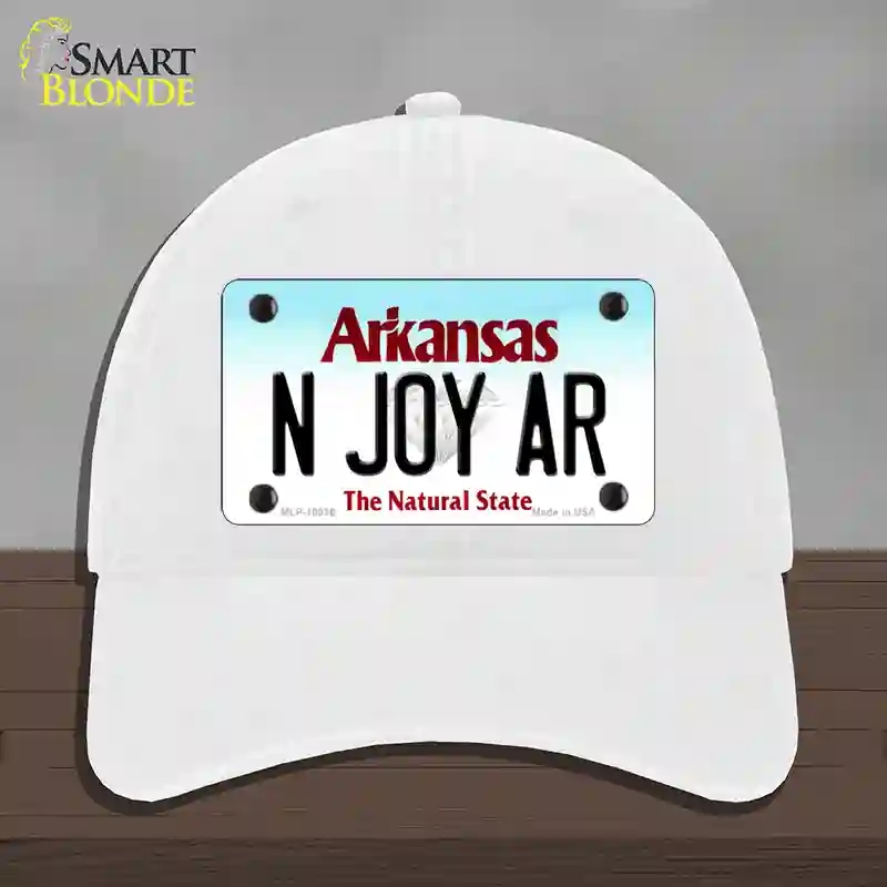 HAT14-MLP-10036 4 x 2.2 in. N Joy AR Arkansas Novelty License Plate Hat, White - Unconstructed Cotton