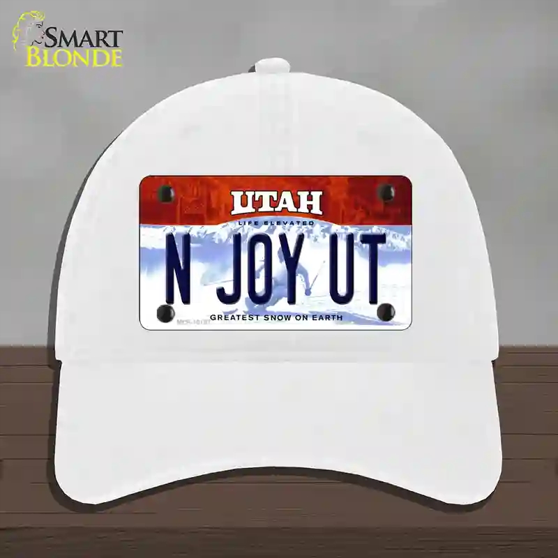 HAT14-MLP-10197 4 x 2.2 in. N Joy UT Utah Novelty License Plate Hat, White - Unconstructed Cotton
