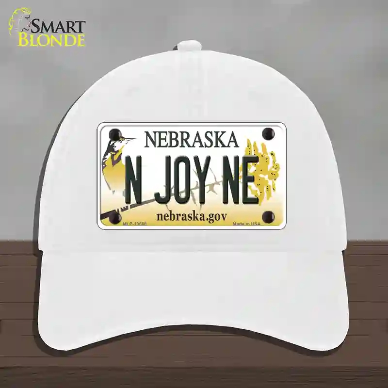 HAT14-MLP-10568 4 x 2.2 in. N Joy NE Nebraska Novelty License Plate Hat, White - Unconstructed Cotton