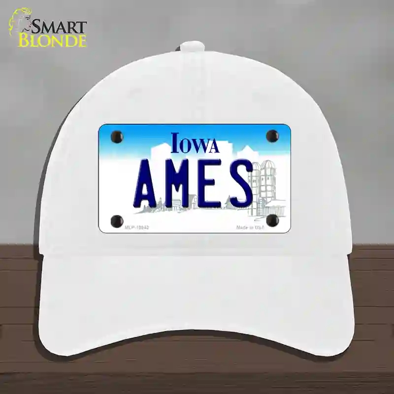 HAT14-MLP-10942 4 x 2.2 in. Ames Iowa Novelty License Plate Hat, White - Unconstructed Cotton