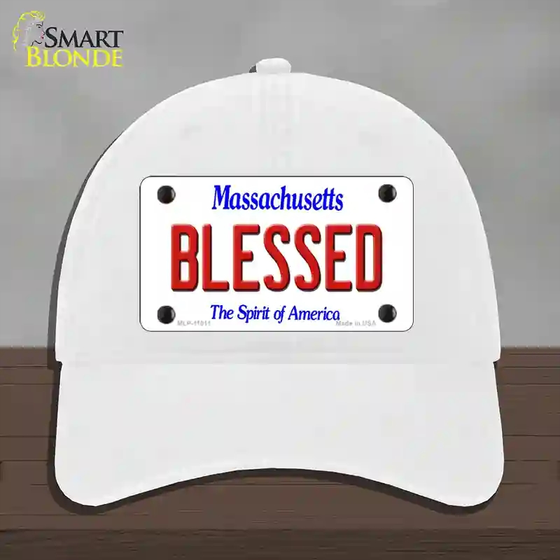 HAT14-MLP-11011 4 x 2.2 in. Blessed Massachusetts Novelty License Plate Hat, White - Unconstructed Cotton