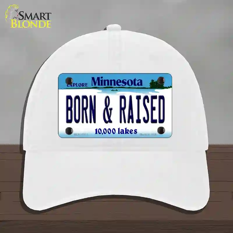HAT14-MLP-11071 4 x 2.2 in. Born & Raised Minnesota State Novelty License Plate Hat, White - Unconstructed Cotton