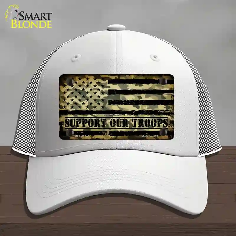 HAT19-MLP-10743 4 x 2.2 in. Camo American Flag Support Troops Novelty License Plate Hat, White - Mesh