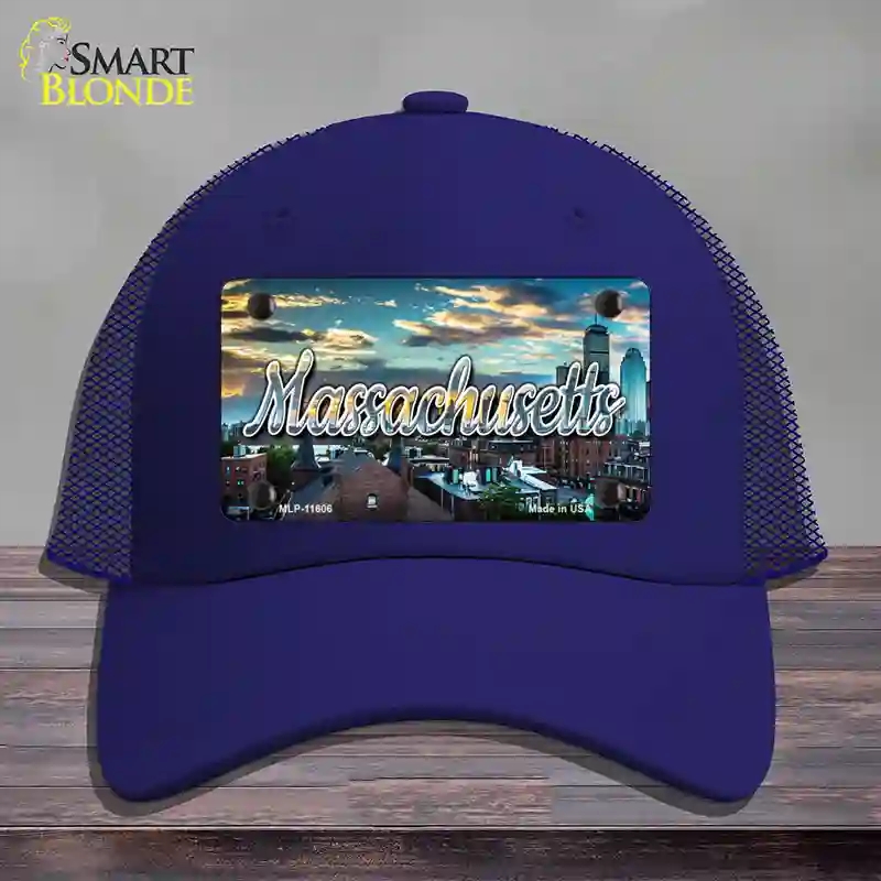 HAT18-MLP-11606 4 x 2.2 in. Massachusetts Sunset Skyline State Novelty License Plate Hat, Royal Blue - Mesh