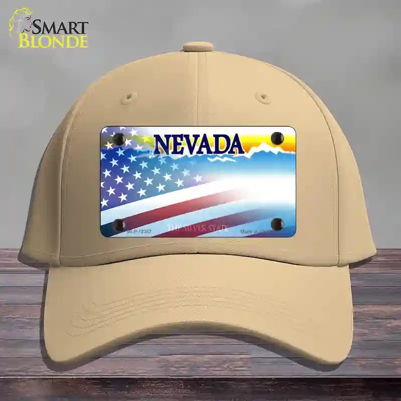 HAT22-MLP-12357 4 x 2.2 in. Nevada with American Flag Novelty License Plate Hat, Khaki - Cotton
