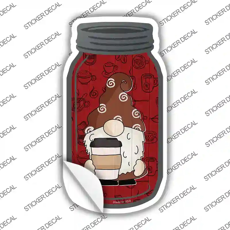 MJ-741s-S 4 x 2 in. Gnome with Coffee Cup Novelty Mason Jar Sticker Decal - Small