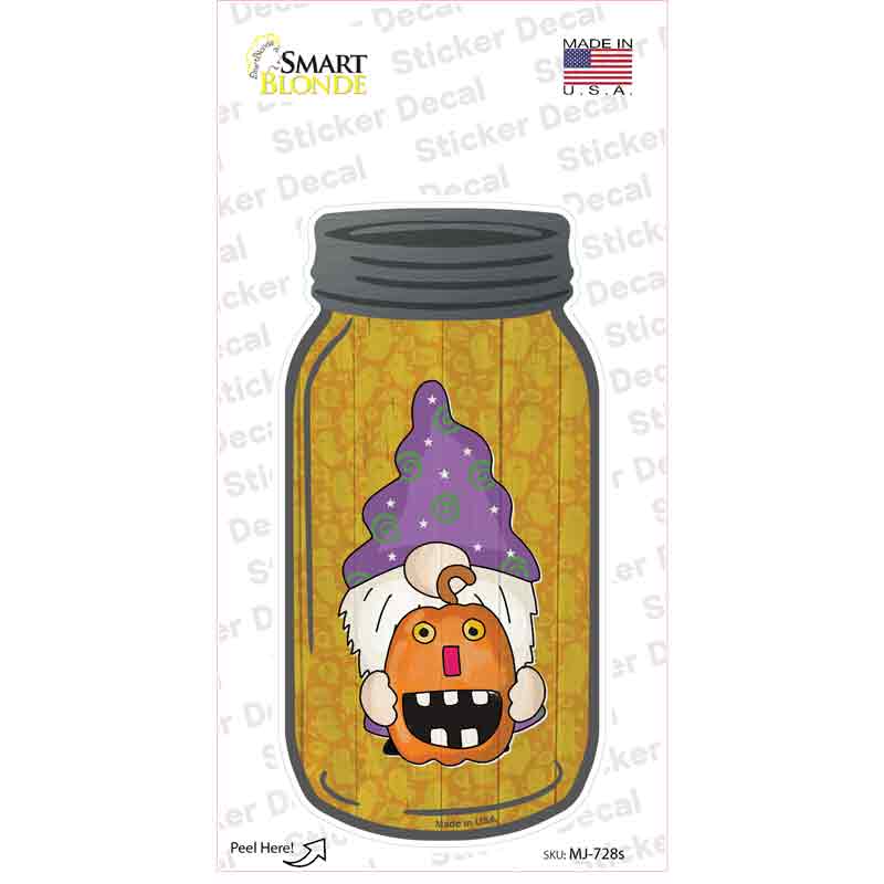 MJ-728s-M 6 x 3 in. Gnome with Pumpkin Novelty Mason Jar Sticker Decal - Medium