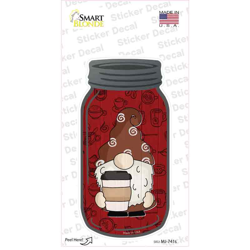 MJ-741s-M 6 x 3 in. Gnome with Coffee Cup Novelty Mason Jar Sticker Decal - Medium