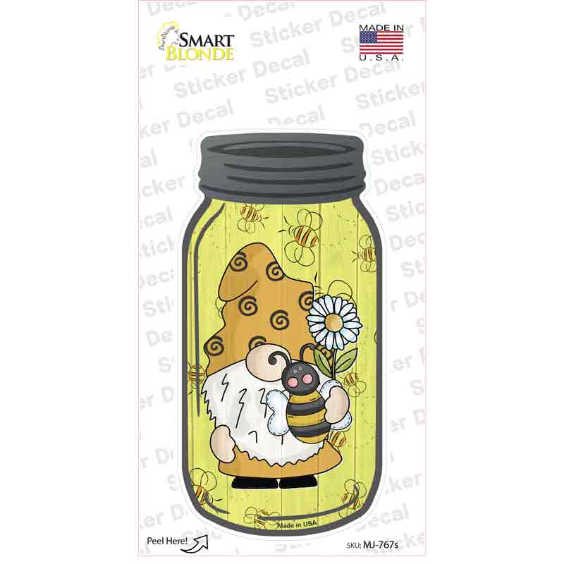MJ-767s-M 6 x 3 in. Gnome with Bee Yellow Novelty Mason Jar Sticker Decal - Medium