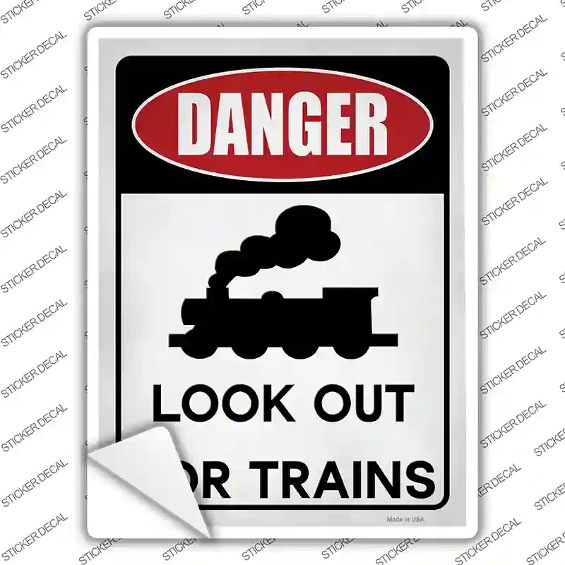 P-4227s-S 3 x 2.2 in. Danger Look Out Trains Novelty Rectangle Sticker Decal - Small
