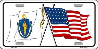 LP-11481 Massachusetts Crossed US Flag License Plate - 1 x 2 in.