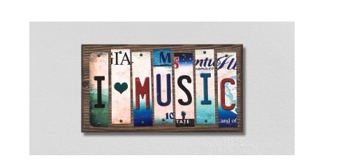 WS-243 I Love Music License Plate Strips Novelty Wood Signs - 6 x 1.5 in.
