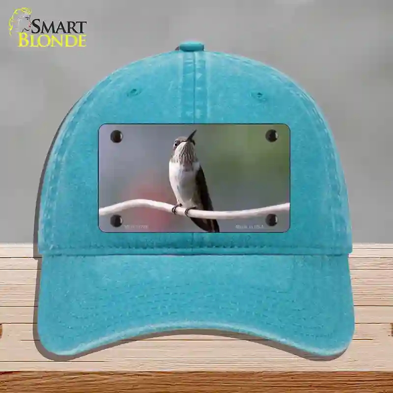 HAT10-MLP-11246 Hummingbird Perched on Branch Novelty License Plate Hat, Unconstructed Cotton - Lake Blue