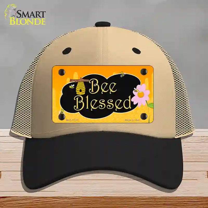 HAT02-MLP-11722 Bee Blessed Honey Hive Novelty License Plate Hat, Mesh - Khaki & Black