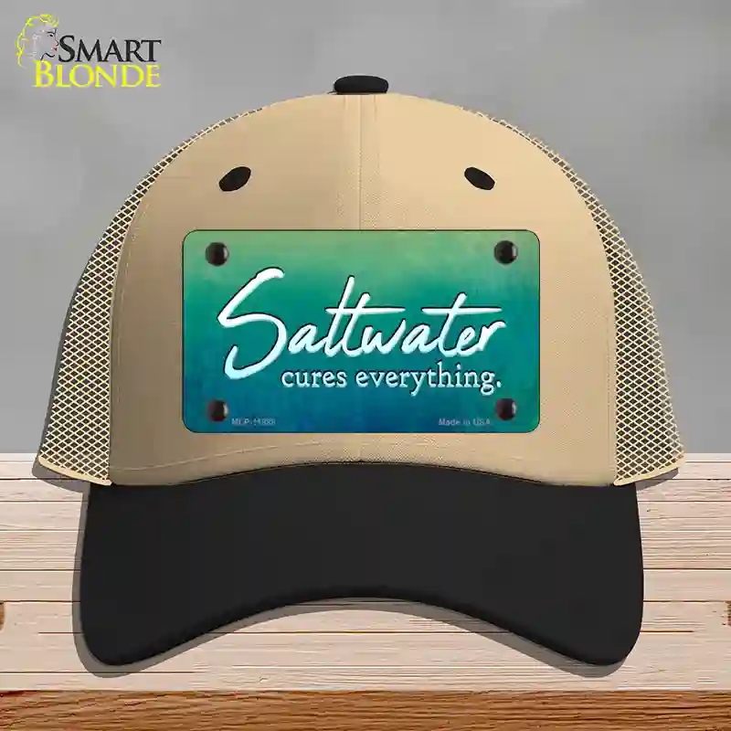 HAT02-MLP-11888 Saltwater Cures Everything Novelty License Plate Hat, Mesh - Khaki & Black