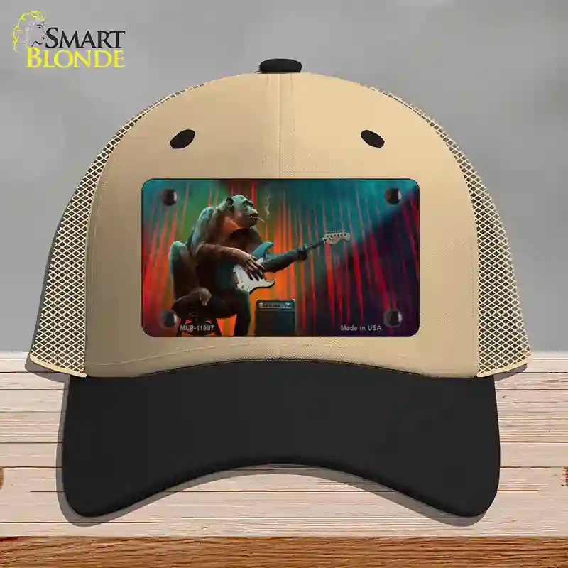 HAT02-MLP-11897 Monkey with Guitar Novelty License Plate Hat, Mesh - Khaki & Black