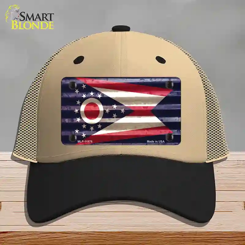 HAT02-MLP-11976 Ohio Corrugated Flag Novelty License Plate Hat, Mesh - Khaki & Black