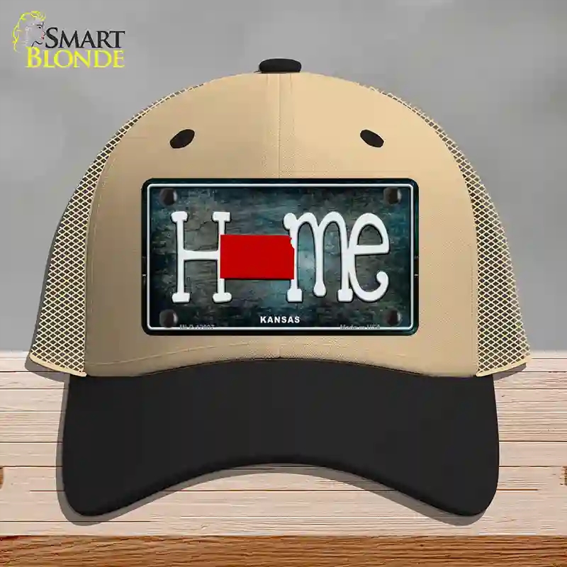 HAT02-MLP-12007 Kansas Home State Outline Novelty License Plate Hat, Mesh - Khaki & Black