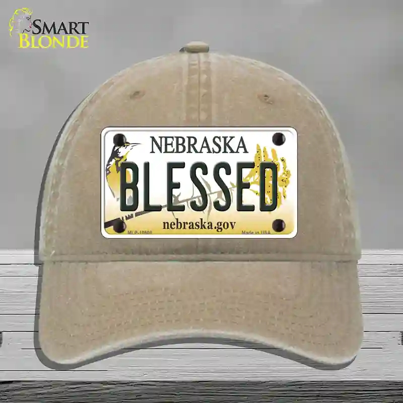HAT09-MLP-10600 Blessed Nebraska Novelty License Plate Hat, Unconstructed Cotton - Khaki