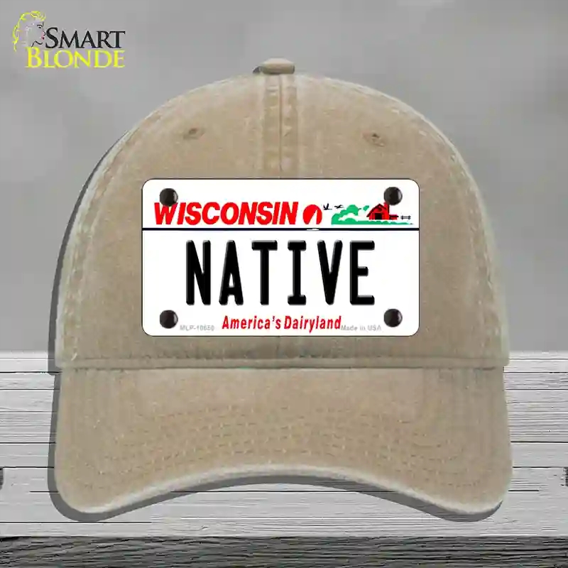 HAT09-MLP-10650 Native Wisconsin Novelty License Plate Hat, Unconstructed Cotton - Khaki