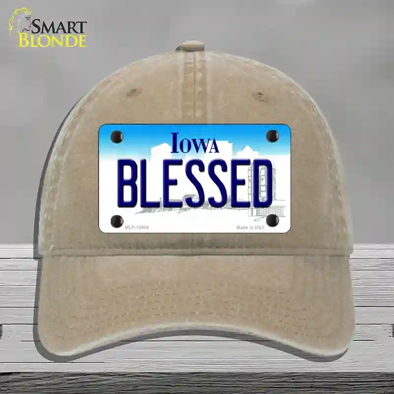 HAT09-MLP-10964 Blessed Iowa Novelty License Plate Hat, Unconstructed Cotton - Khaki