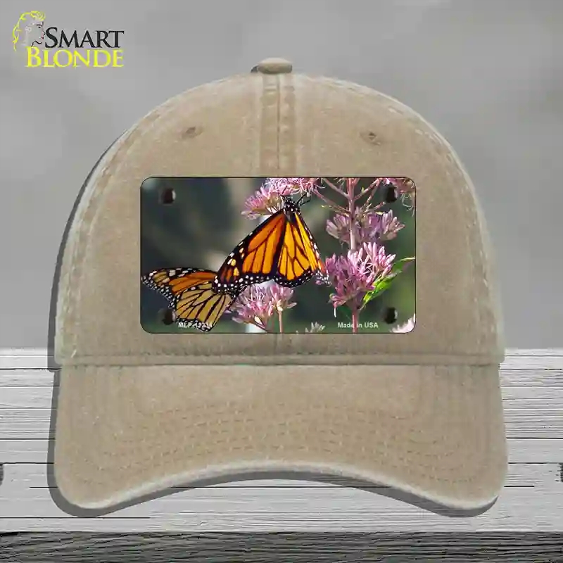 HAT09-MLP-11234 Butterfly Monarch on Flower Novelty License Plate Hat, Unconstructed Cotton - Khaki